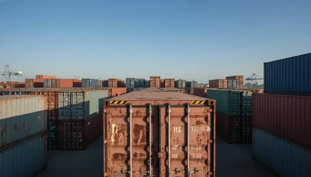 How Long Do Shipping Containers Really Last? 3 A weathered shipping container stands prominently in the foreground