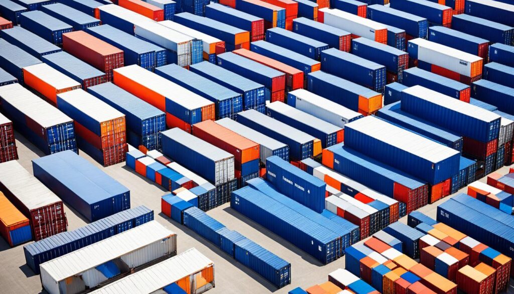 Different types of storage containers, including large shipping containers, compact storage boxes, and outdoor storage units, all creatively arranged to maximize space